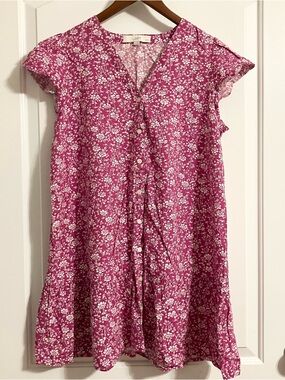 LOFT Petite pink & white mini floral flounce short sleeve button up dress sz MP
